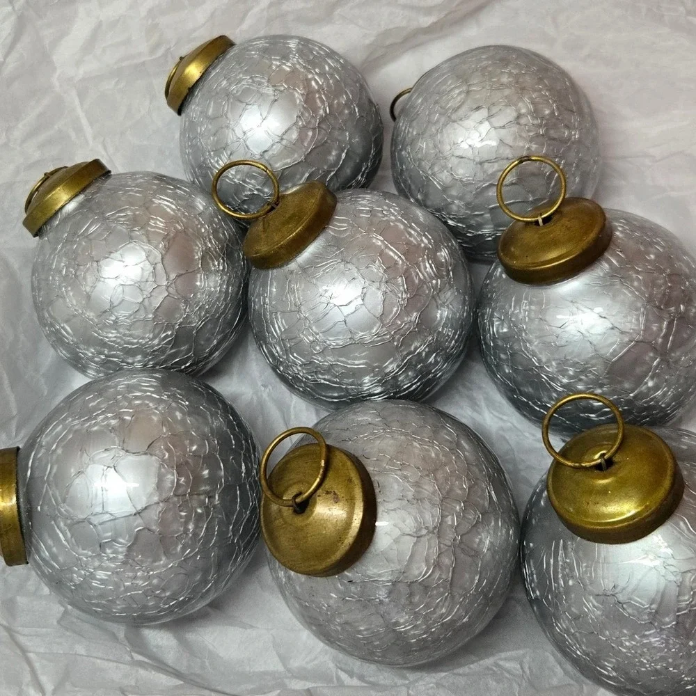 Restoration Hardware Silver Crackle Glass Christmas Ornaments Set of 8 Brass Cap